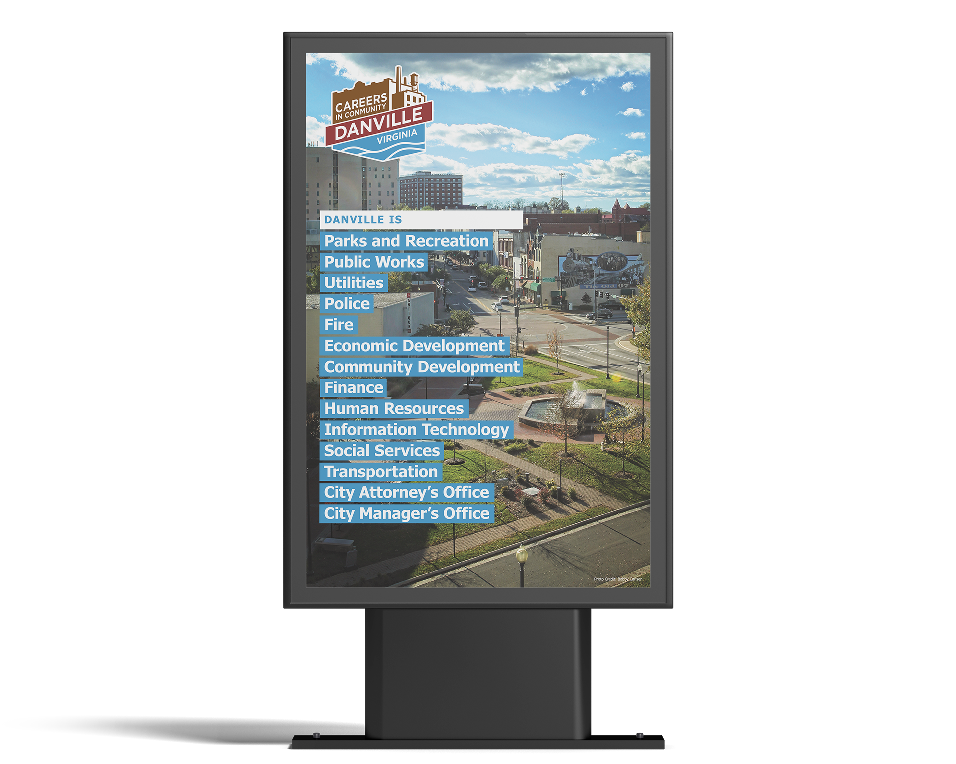 Banner listing the divisions of the Danville government.