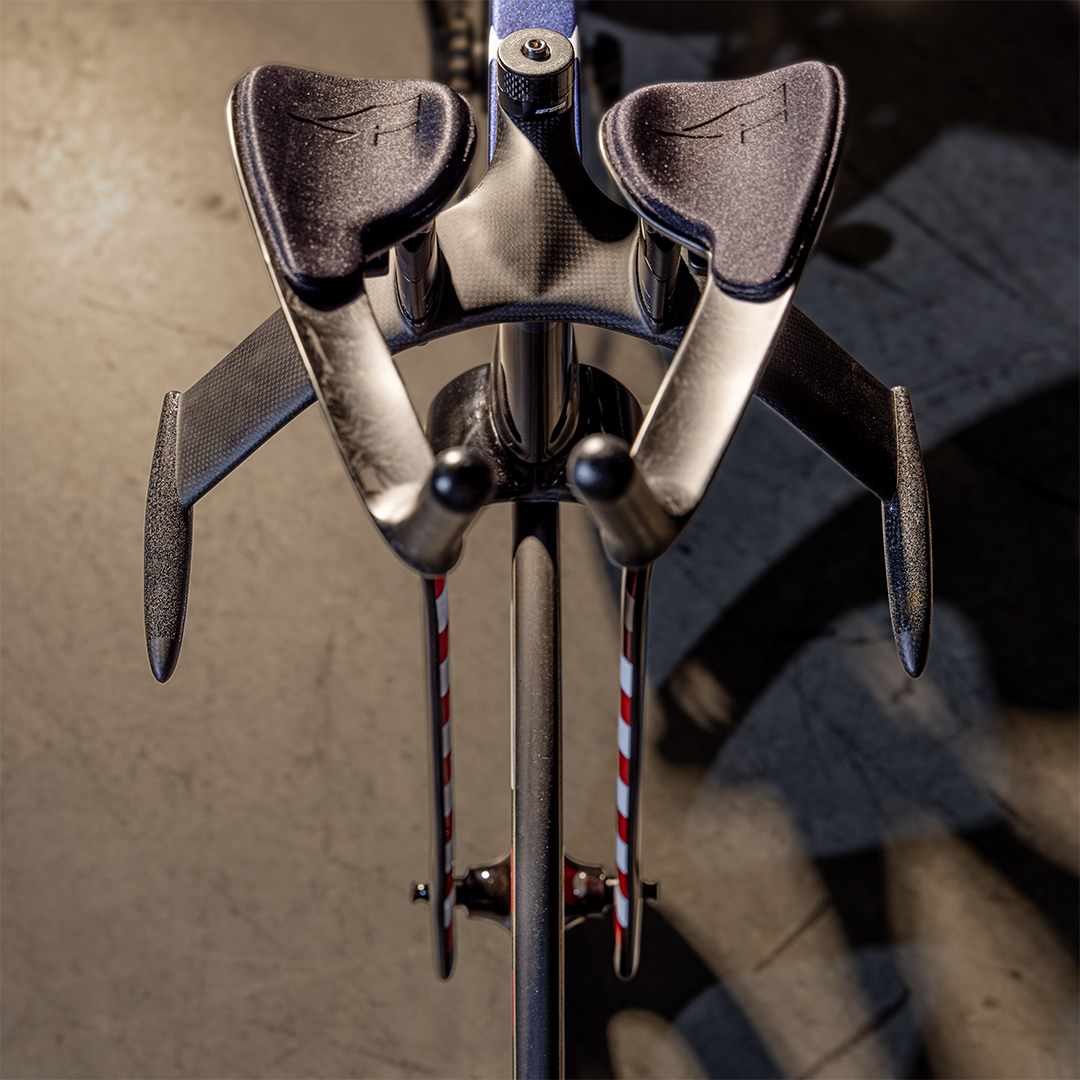 Top-down view of Stromm track bike aerodynamic handlebars revealing armrests.