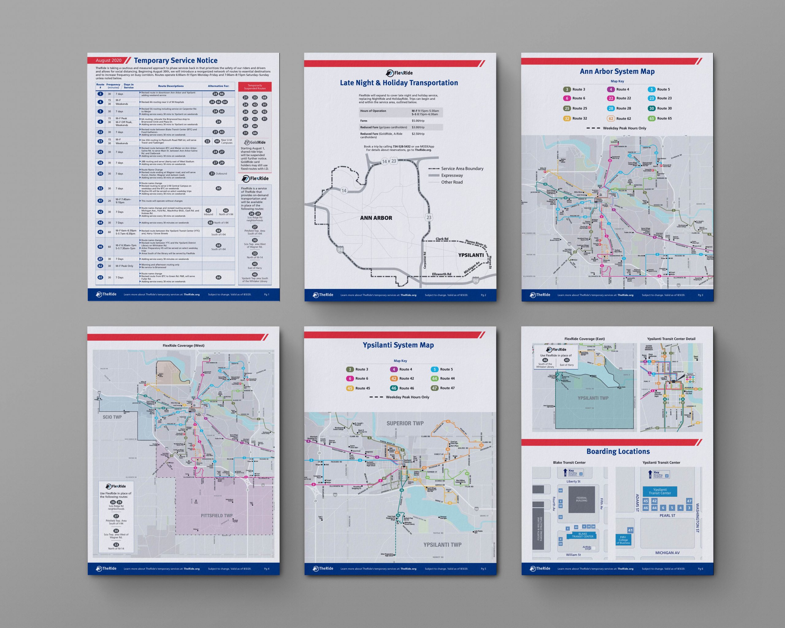 Maps, bording location, and service information posters.