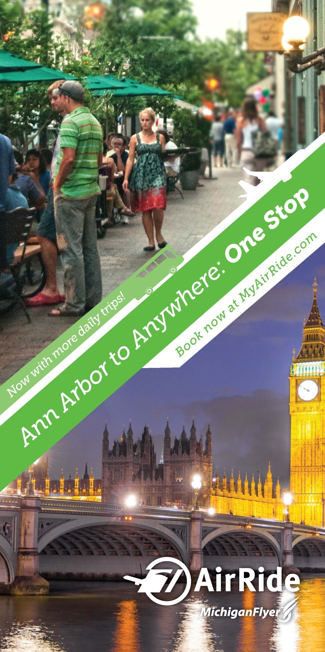 Banner ad for the AirRide bus featuring a split photo of Ann Arbor and London.