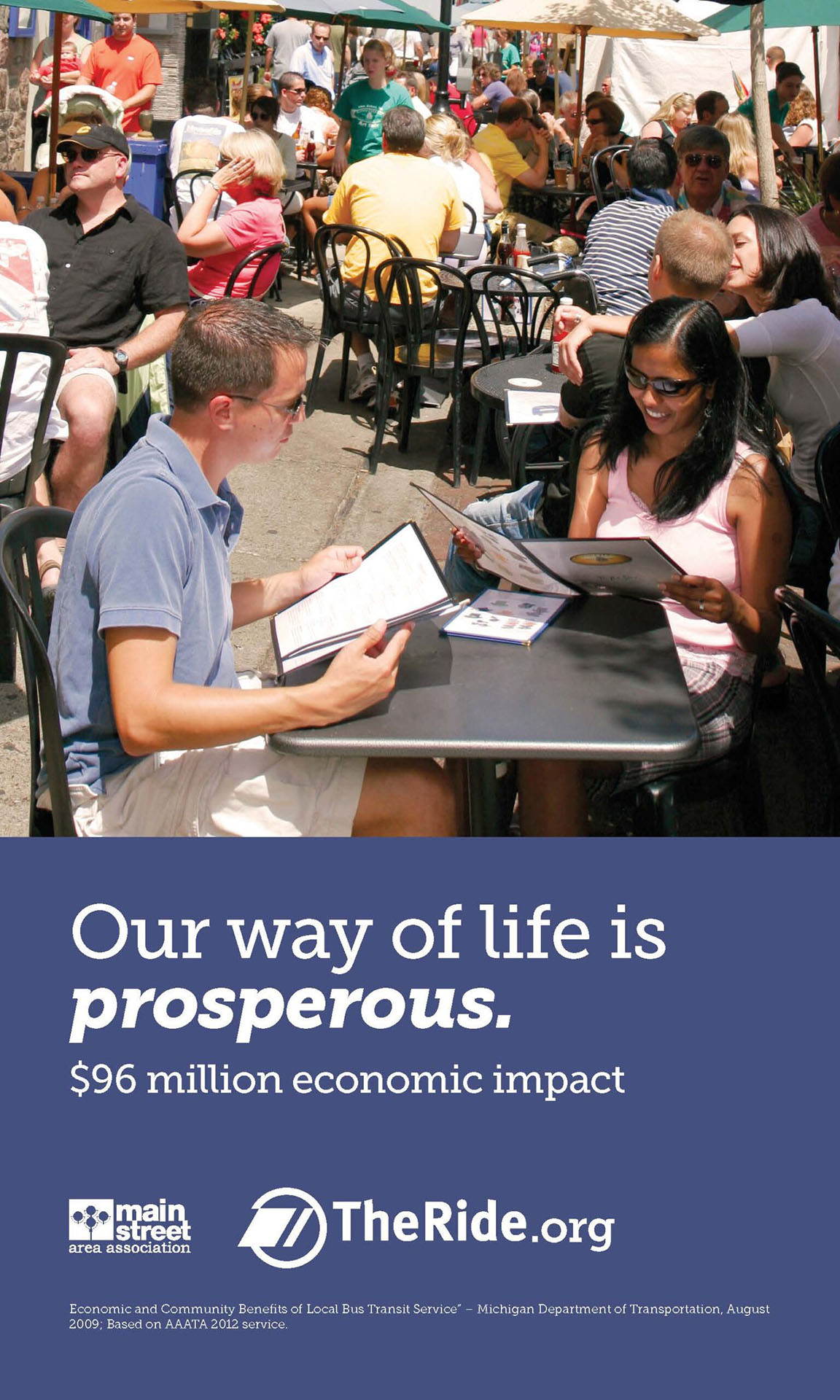 Ad with packed street-patio restaurant seating promoting the economic impact of TheRide.