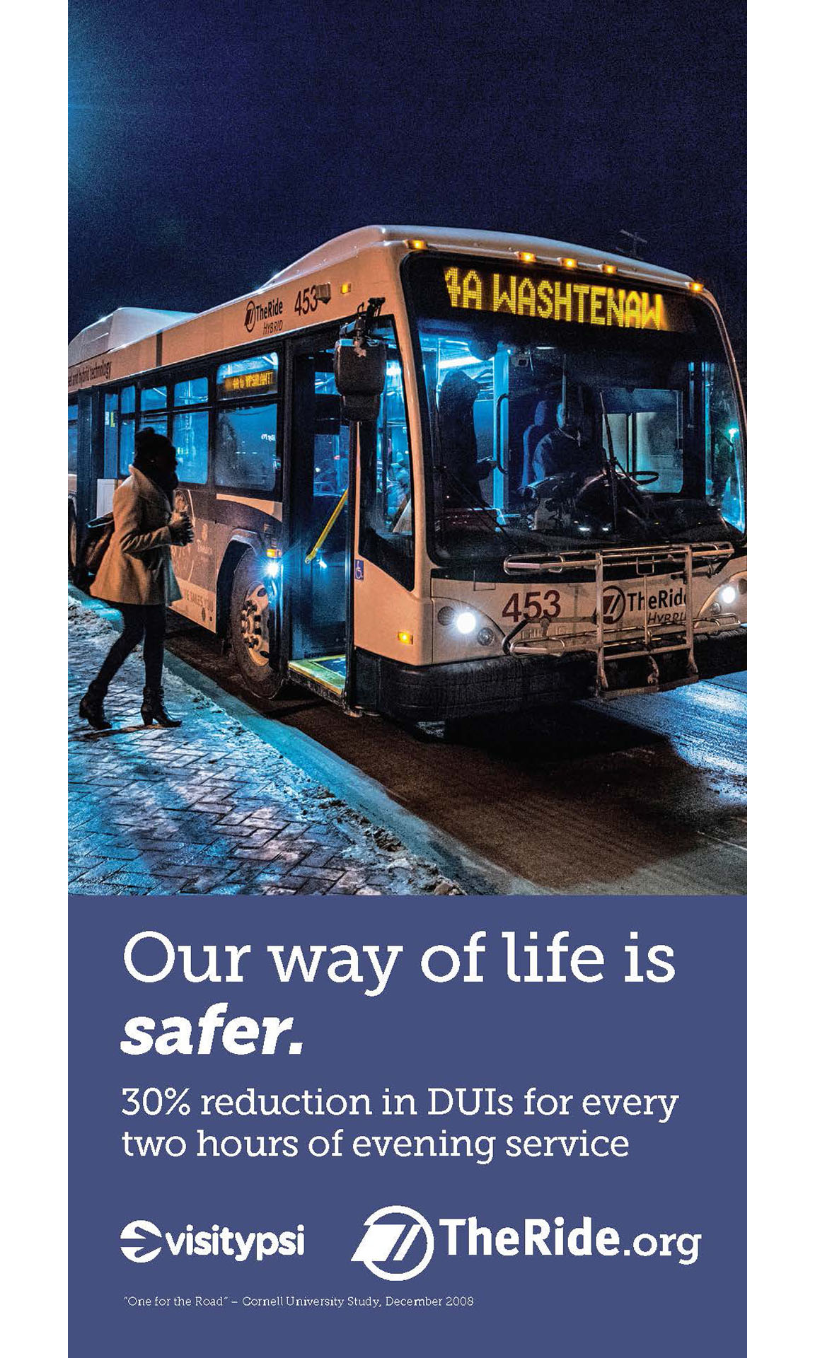 Ad with TheRide picking up passengers at night promoting the safety of TheRide.