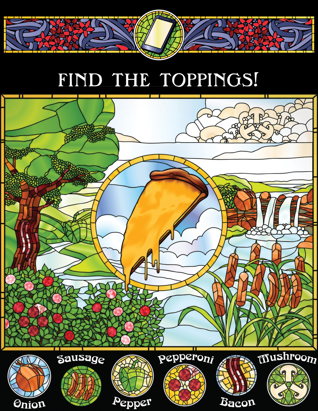 A visual puzzle to find pizza toppings hidden among a landscape in the style of stained glass Tiffany lamps.