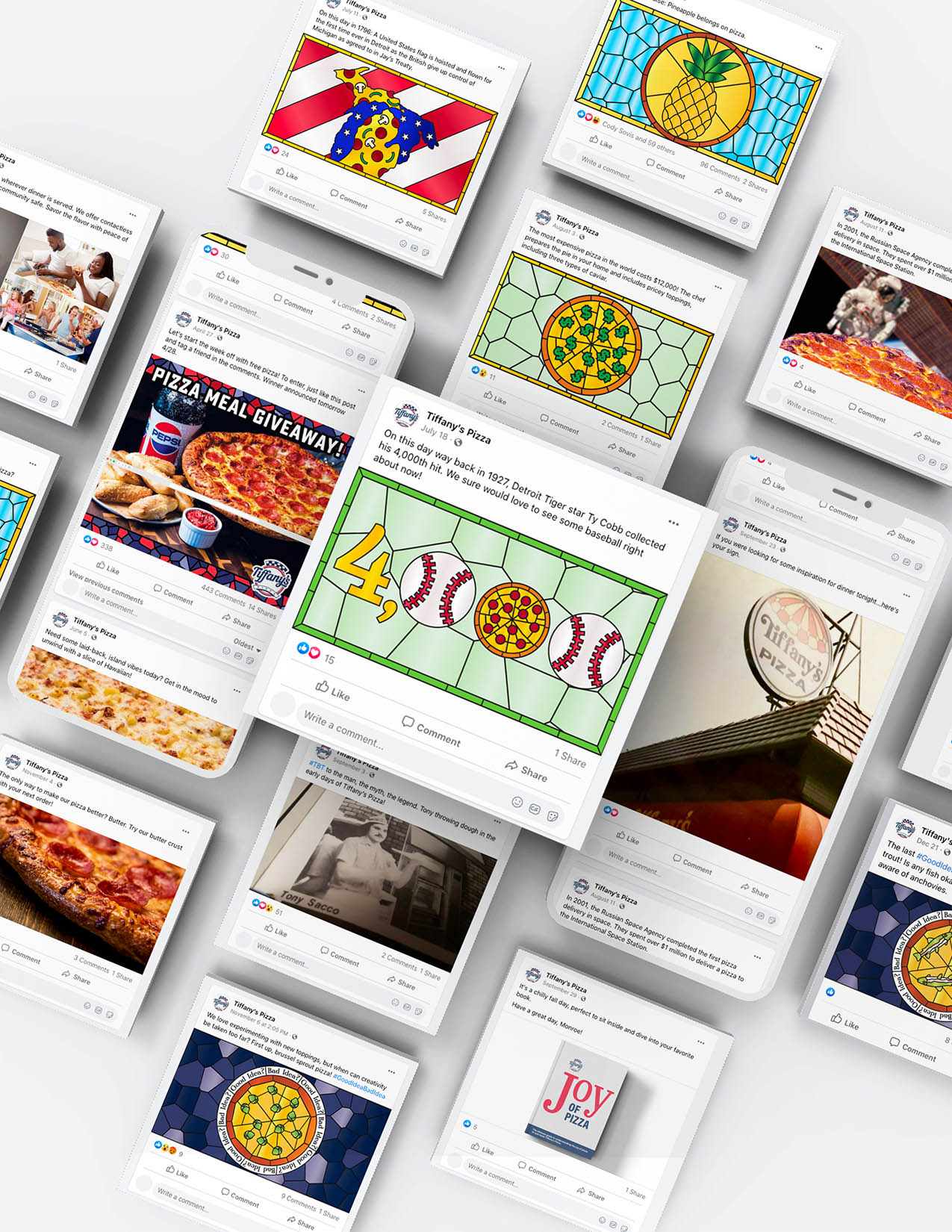 A collage of organic social media ads for Tiffany's pizza.