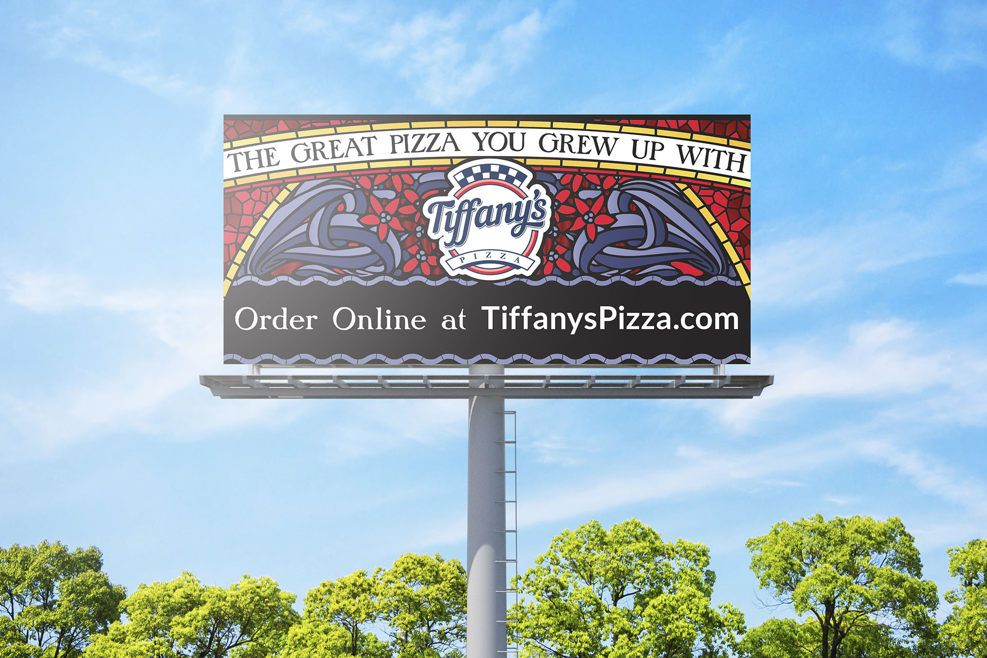 Billboard advertisting 'The Great Pizza You Grew Up With' and 'Order Online at TiffanysPizza.com' with Tiffany's characteristic stained glass design.