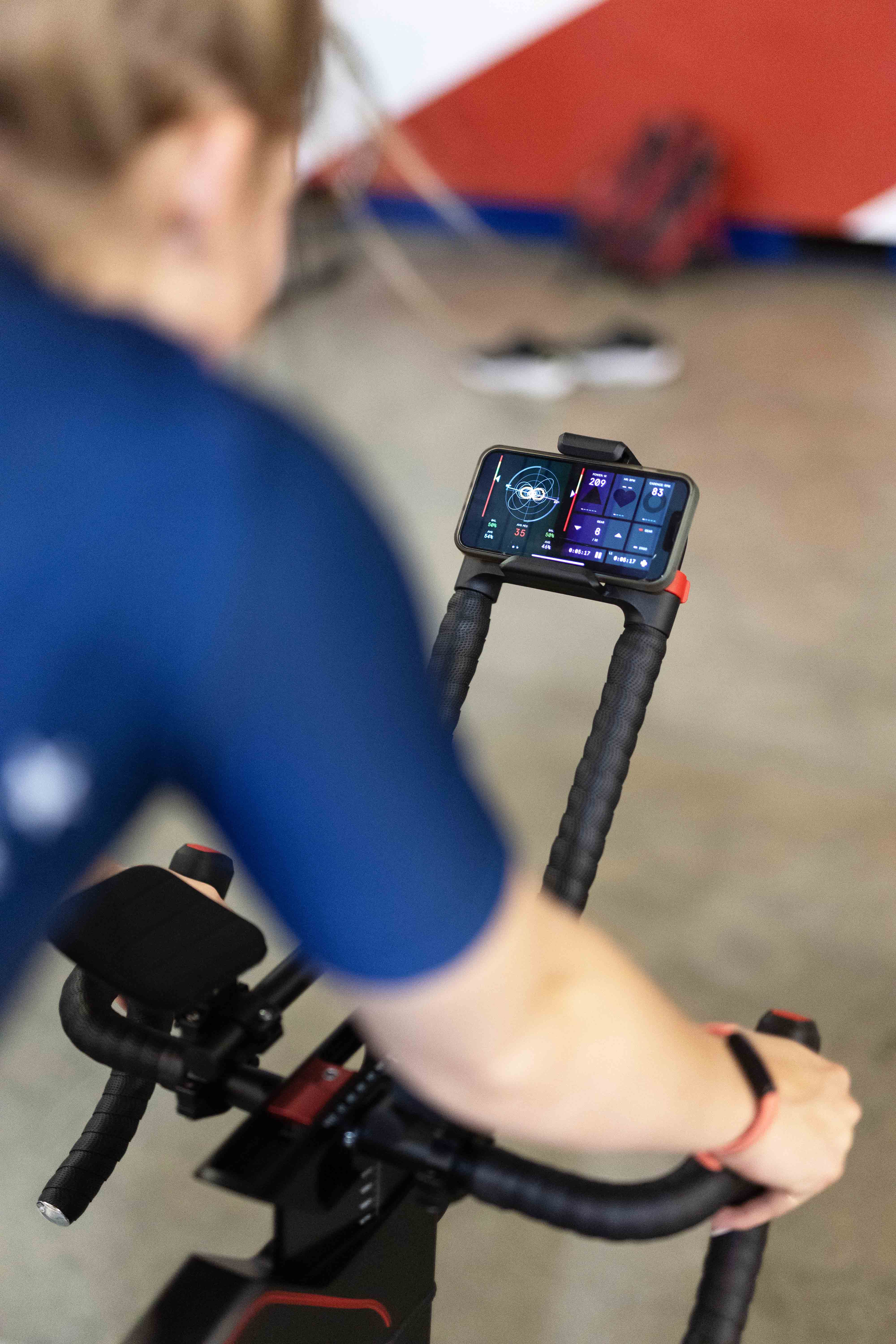 An over-the-should shot of the live statistic readout on the Wattbike Atom application